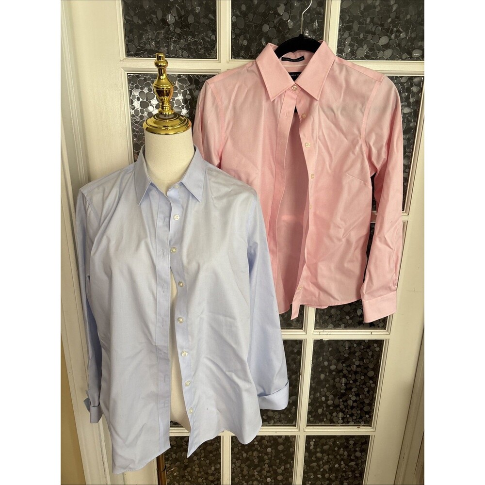 2 Lands End Cotton No Iron Shirts Pink Blue 8P 8 Petite Pinpoint Oxford